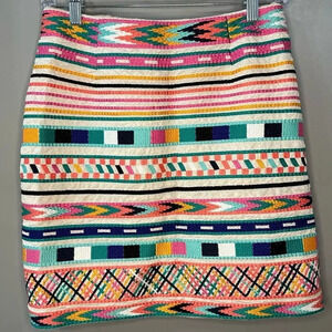 Etcetera Skirt Embroidered Linen Mini Skirt Rainbow Geometric Pattern Size 4